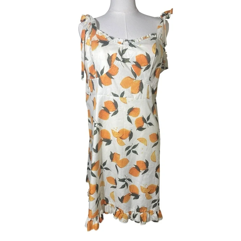 Cider Women's 2X Satin Lemon Print Coquette Cottagecore Ruffle Hem Dress